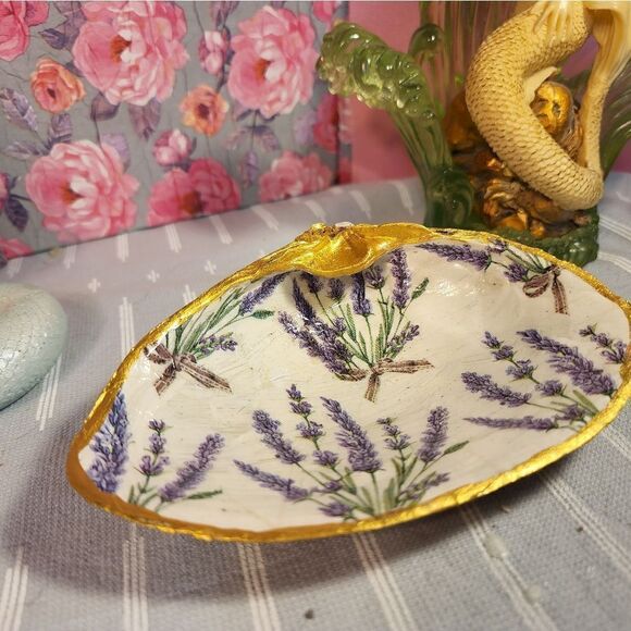 DECOUPAGE CLAM SHELL DECOUPAGE FLOWERS TRINKET DISH - Picture 5 of 9